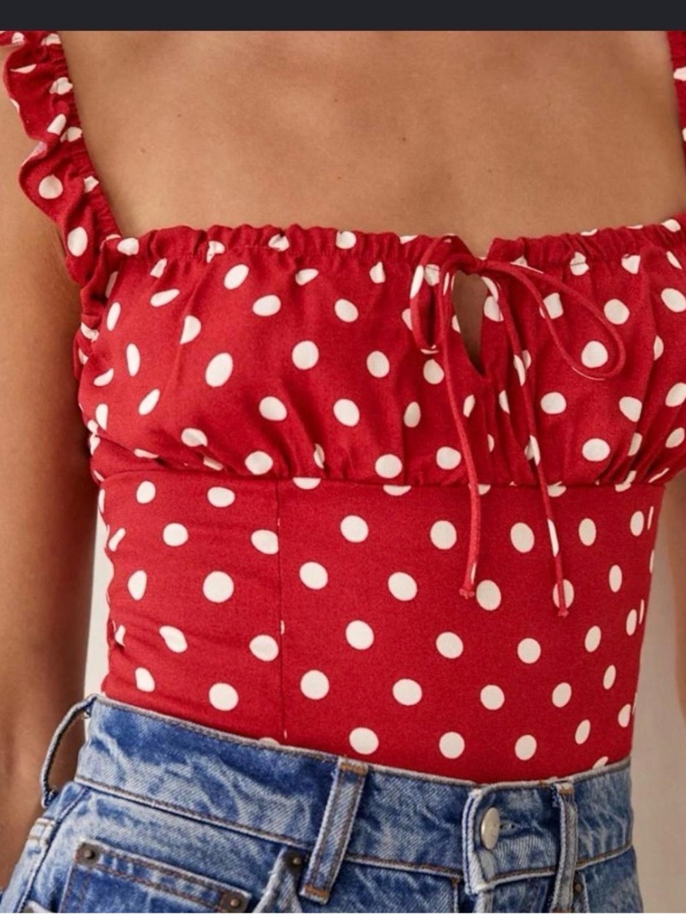 Reformation Cortese Red Polka Dot Ruffle Strap Women's Top